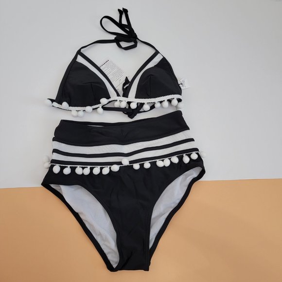 Women's Mesh Striped High Waist Bikini Set Tassel Trim Top Halter Straps NWT - Picture 2 of 9